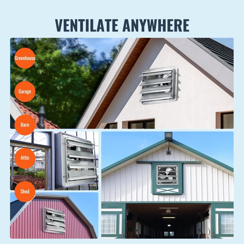 Poistoilmapuhallin seinäasennettava alumiiniseos sinkitty teräsrunko 406 millimetriä kasvihuoneisiin ja autotalleihin