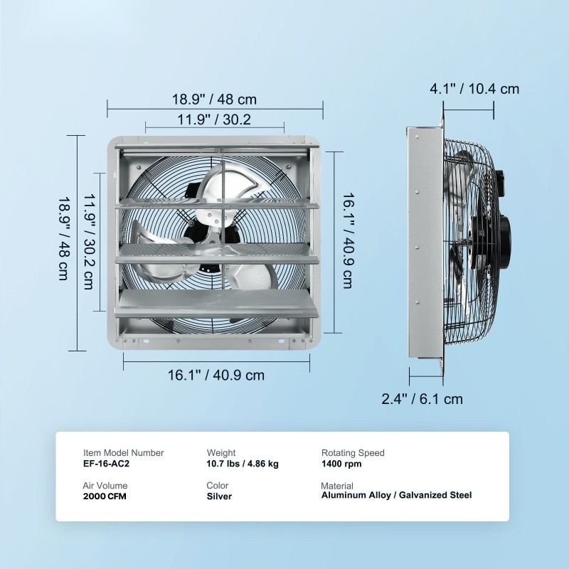 Poistoilmapuhallin seinäasennettava alumiiniseos sinkitty teräsrunko 406 millimetriä kasvihuoneisiin ja autotalleihin