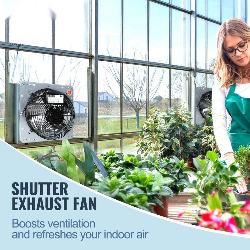 Seinään asennettava poistoilmapuhallin alumiiniseos 305 mm vaihtovirtamoottorilla säleikköluukuilla kasvihuoneisiin