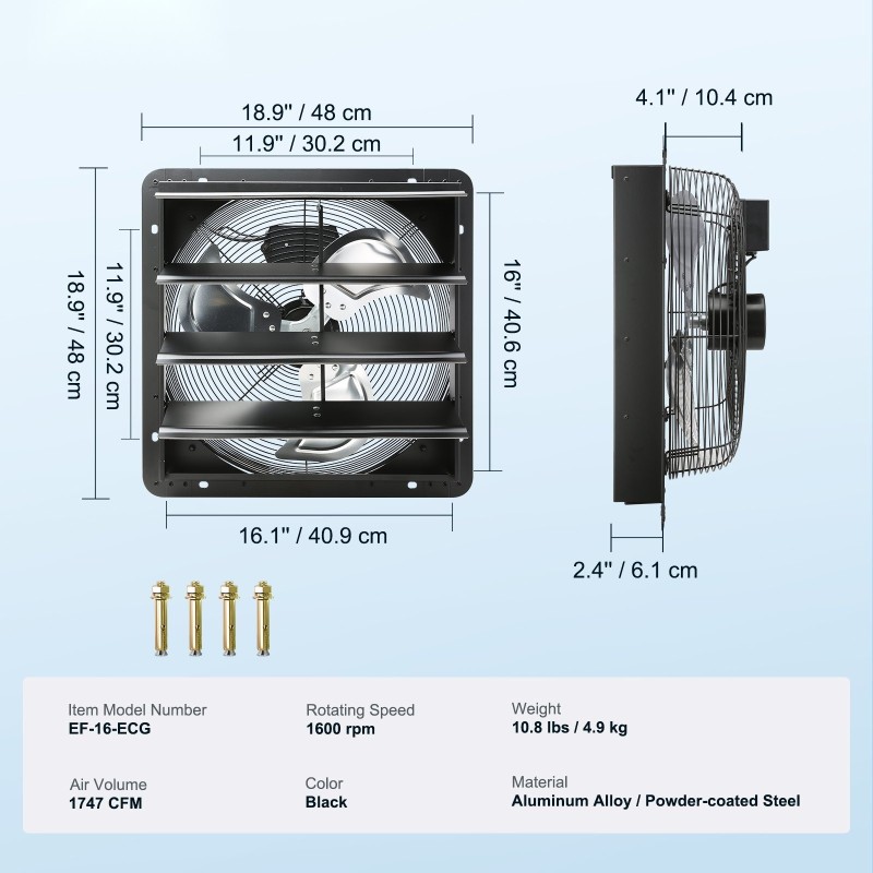 Poistoilmapuhallin 406 mm seinäasennettava portaaton nopeudensäätö lämpötila ja kosteussäädin kasvihuoneisiin