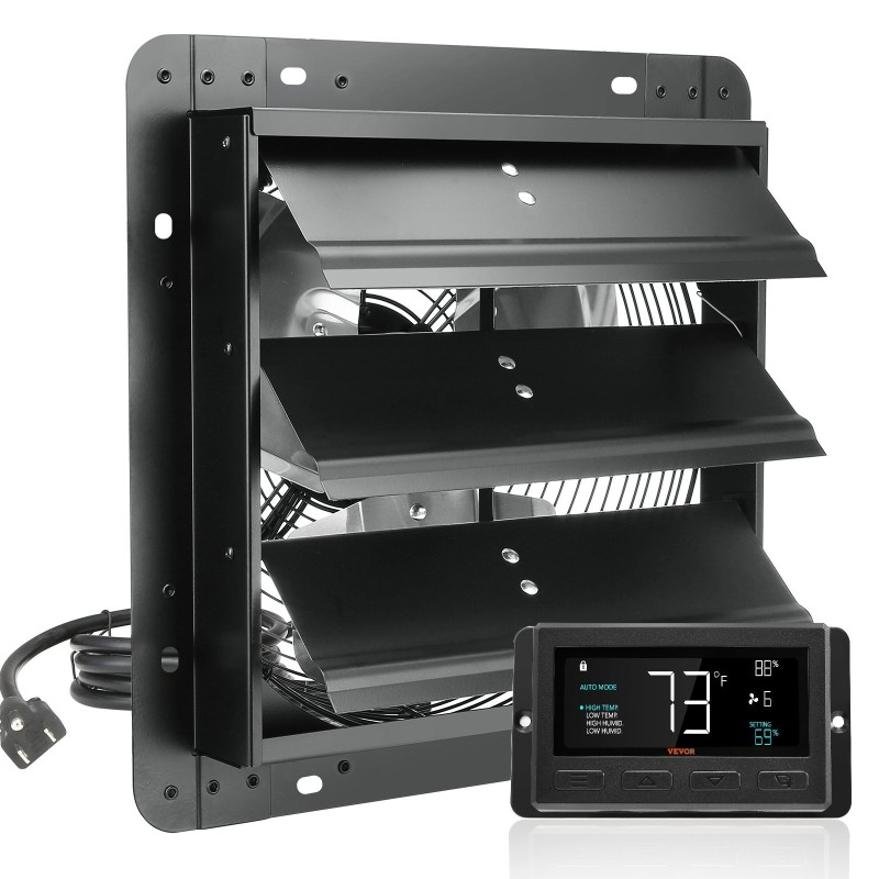 Seinäasenteinen sulkuluukkuinen poistopuhallin 305 mm EC-moottori lämpötila- ja kosteusohjain kasvihuoneisiin