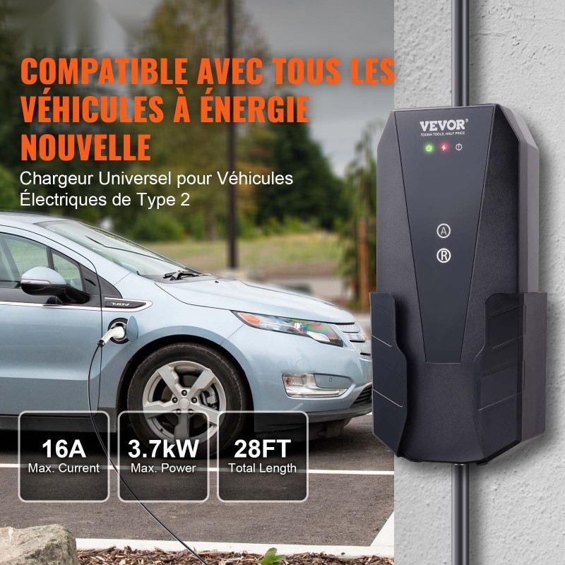 Siirrettävä Type 2 -sähköautonlaturi 16 A 8,6 m kaapeli IP66