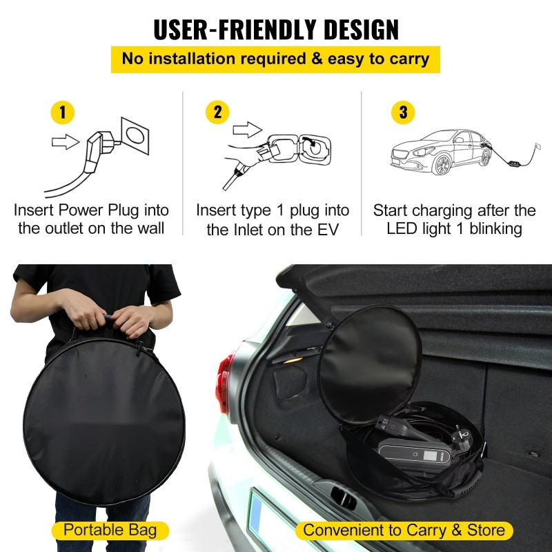 Kannettava Type 2 -sähköauton laturi 3 kW 13A 10 m kaapelilla