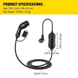 Kannettava Type 2 -sähköauton laturi 3 kW 13A 10 m kaapelilla