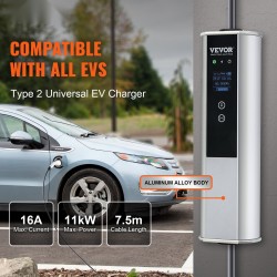 Siirrettävä Type 2 -sähköauton laturi 7,5 m TPU-kaapeli 16A 11 kW