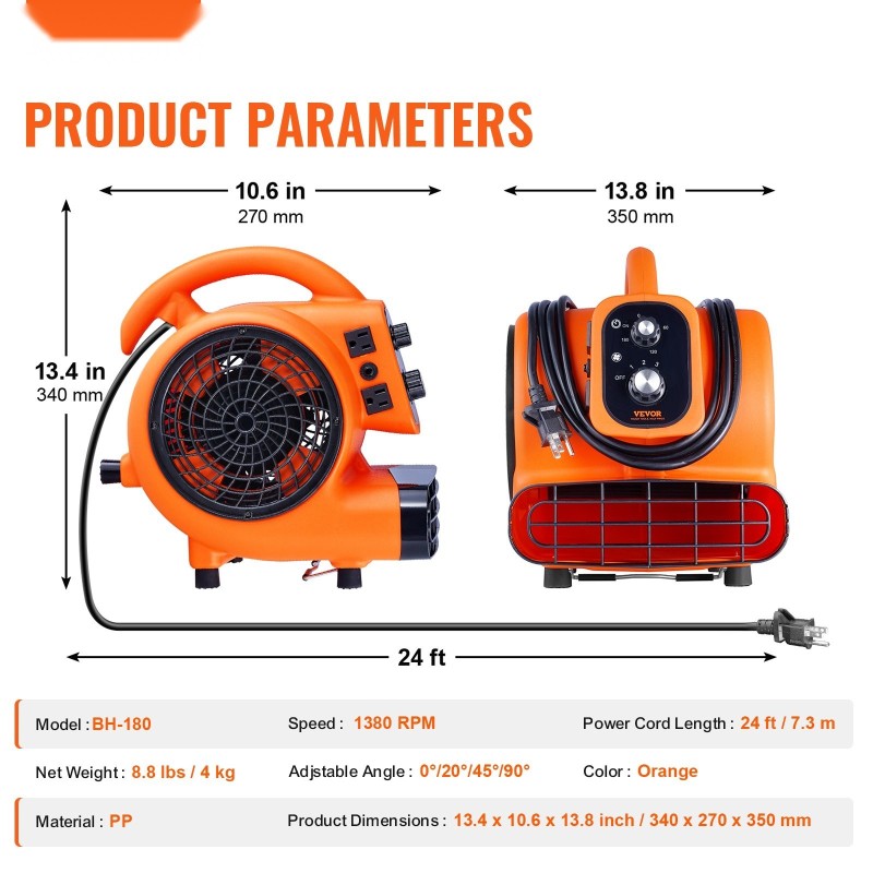 Lattiapuhallin kannettava muovinen kuivatukseen ja viilennykseen 3 nopeutta 4 kulmaa ajastin