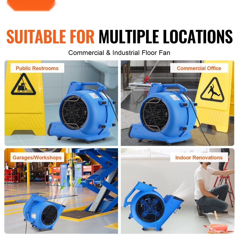 Lattiapuhallin polypropeeni 500W ilmavirta 2600 CFM 3-portainen 4-puhalluskulmaa kantokahvalla