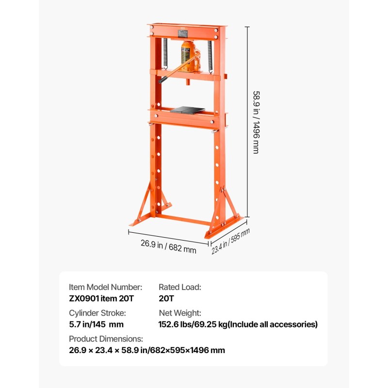 Hydraulinen verstaspuristin 20T H-runkoinen paksunnettu teräs lattiamalli säädettävät puristuslevyt taivuttamiseen oikaisuun