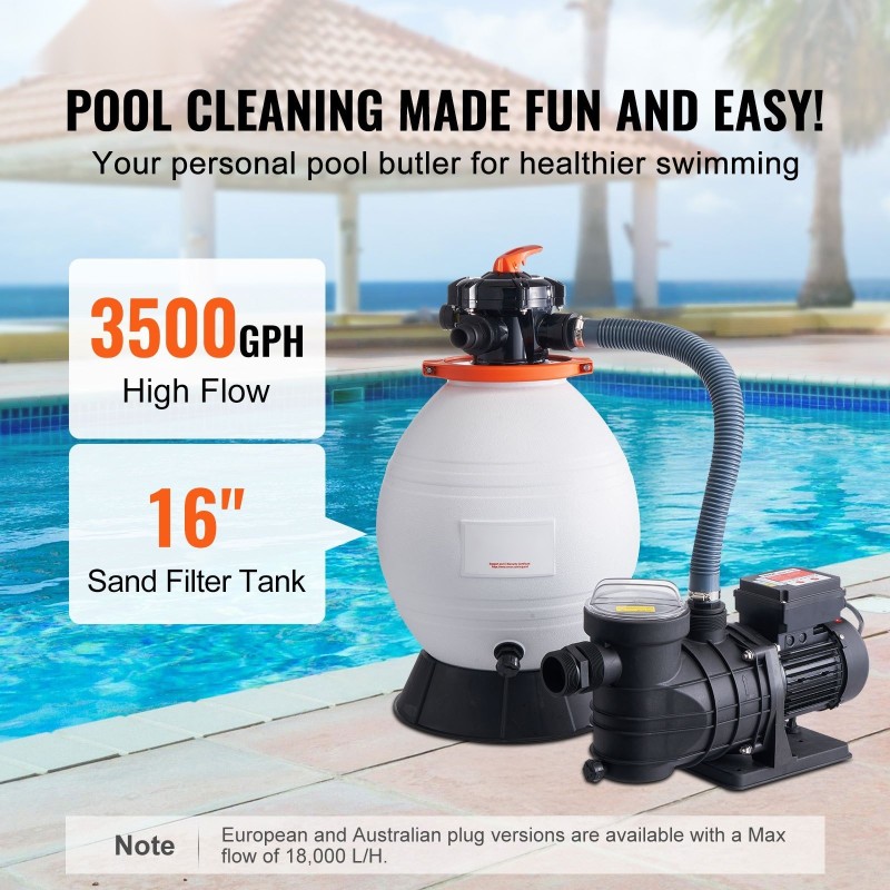 Hiekkasuodatinpumppu 400 millimetriä 18000 litraa tunnissa 850 wattia kotikäyttöön ja kevyeseen ammattikäyttöön