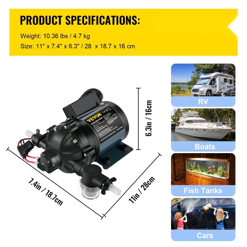 Itseimevä 12V pesupumppu 26 l/min 4 bar 3 m EPDM-venttiili