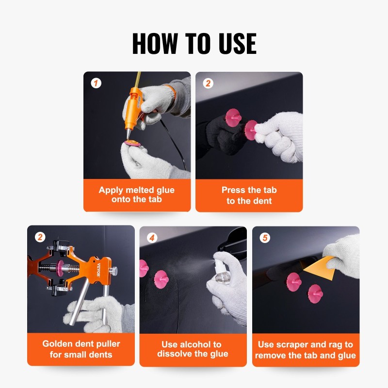 Lommonpoistosarja auton koripeltien pienille ja keskisuurille lommille alumiini kumi vetäjillä kuumaliimapistoolilla