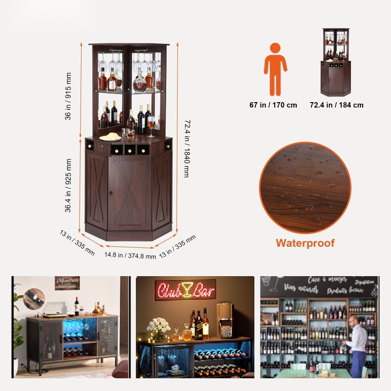 Kulmabaarikaappi MDF-levy ruskea yli neljäkymmentä viinipulloa viinilasitelineellä olohuoneeseen