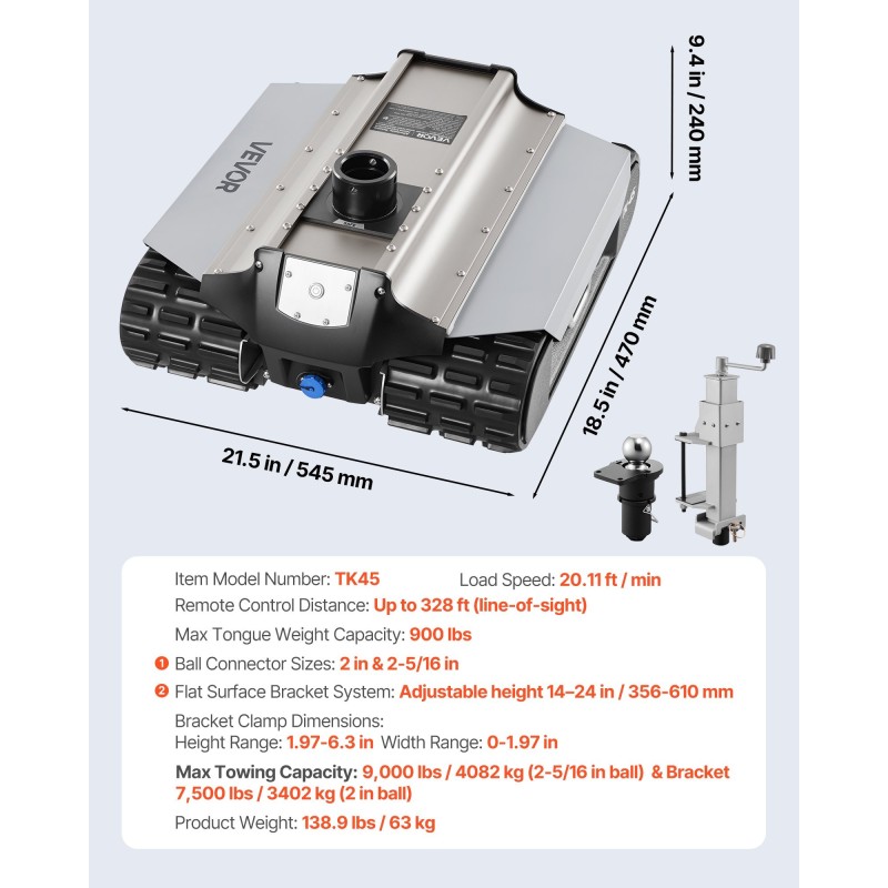 Sähköinen perävaunun siirtäjä 4082 kg vetokyky 100 m kaukosäätö telaketjuilla