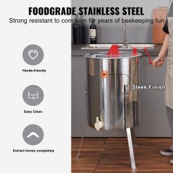 Käsikäyttöinen hunajalinko ruostumattomasta teräksestä 4/8 kehää korkeussäädettävällä jalustalla läpinäkyvällä kannella