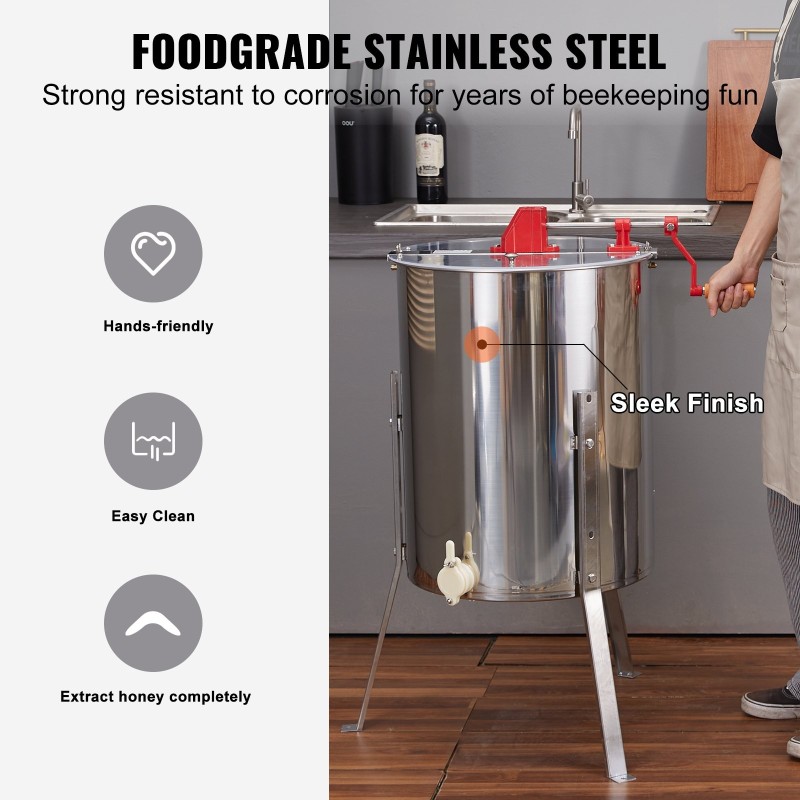 Käsikäyttöinen hunajalinko ruostumattomasta teräksestä 4/8 kehää korkeussäädettävällä jalustalla läpinäkyvällä kannella