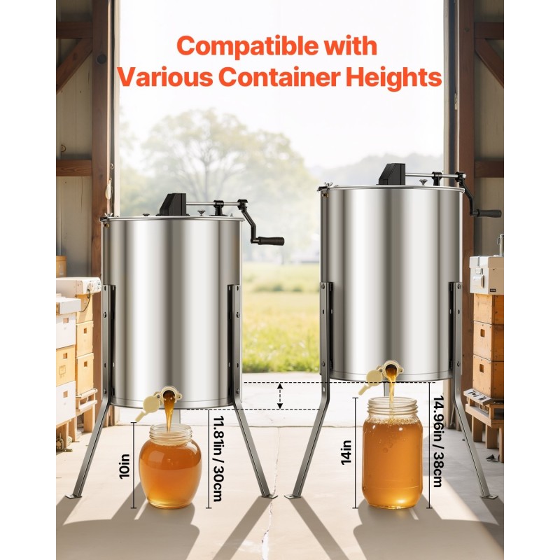 Manuaalinen hunajalinko 4–8 kehykselle 201-ruostumattomasta teräksestä läpinäkyvällä kannella säädettävällä jalustalla