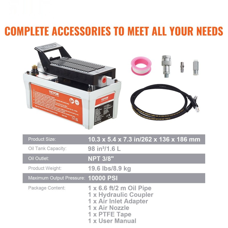 Ilmahydraulinen jalkapoljinpumppu 1,9 litran säiliö noin 6895 baaria 2 metrin letku
