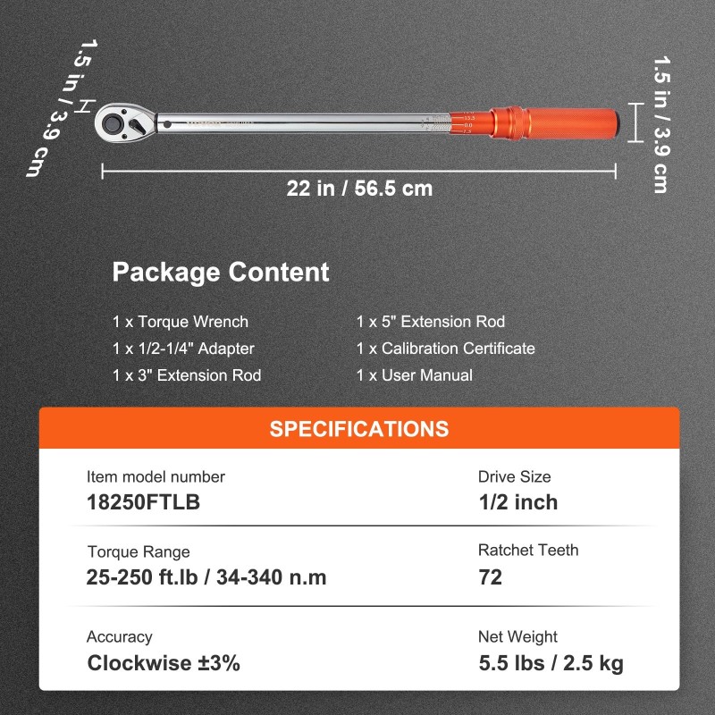 Mekaaninen momenttiavain 1/2 tuumaa 34–340 Nm kaksisuuntainen säätö tarkkuus ±3% 72 hammasta