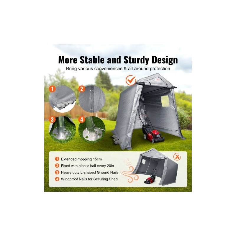 Säilytyssuoja galvanoitu teräsrunko 1,83 x 2,44 x 2,13 m kaksipuolinen PE-peite vetoketjuovi