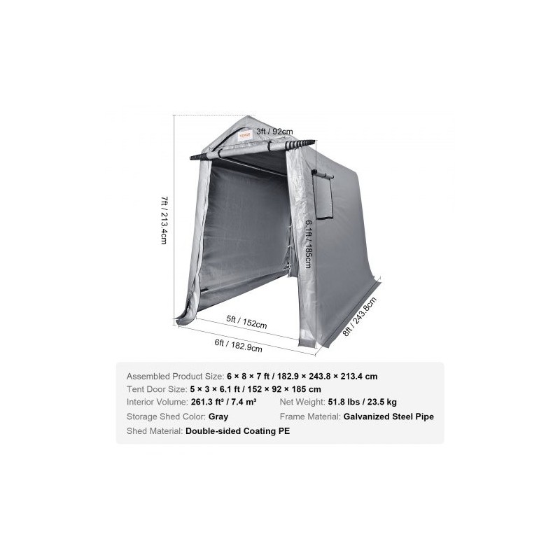 Säilytyssuoja galvanoitu teräsrunko 1,83 x 2,44 x 2,13 m kaksipuolinen PE-peite vetoketjuovi