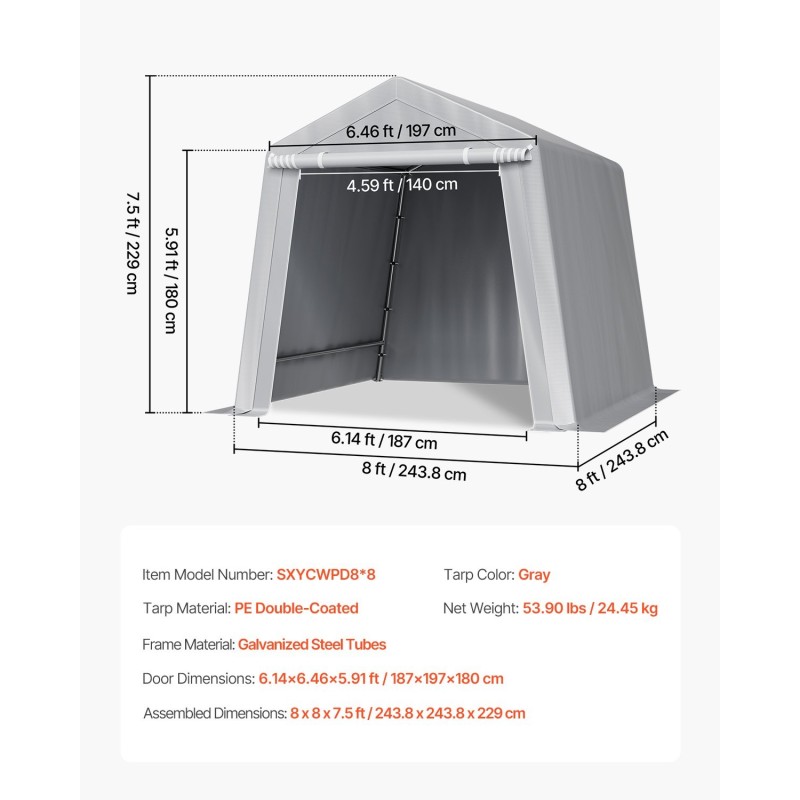 Ulkosäilytyssuoja galvanoitu teräsrunko PE-muovi rullattava ovi tuuletusaukot 245×245×227 cm harmaa