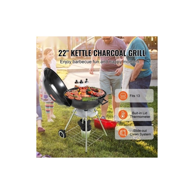 Pallohiiligrilli posliiniemaloitu teräsrunko 22 tuumaa kannettava lämpömittarilla ulkokäyttöön