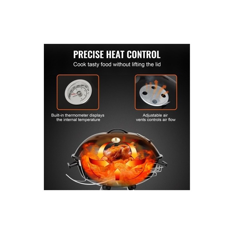 Pallohiiligrilli posliiniemaloitu teräsrunko 22 tuumaa kannettava lämpömittarilla ulkokäyttöön