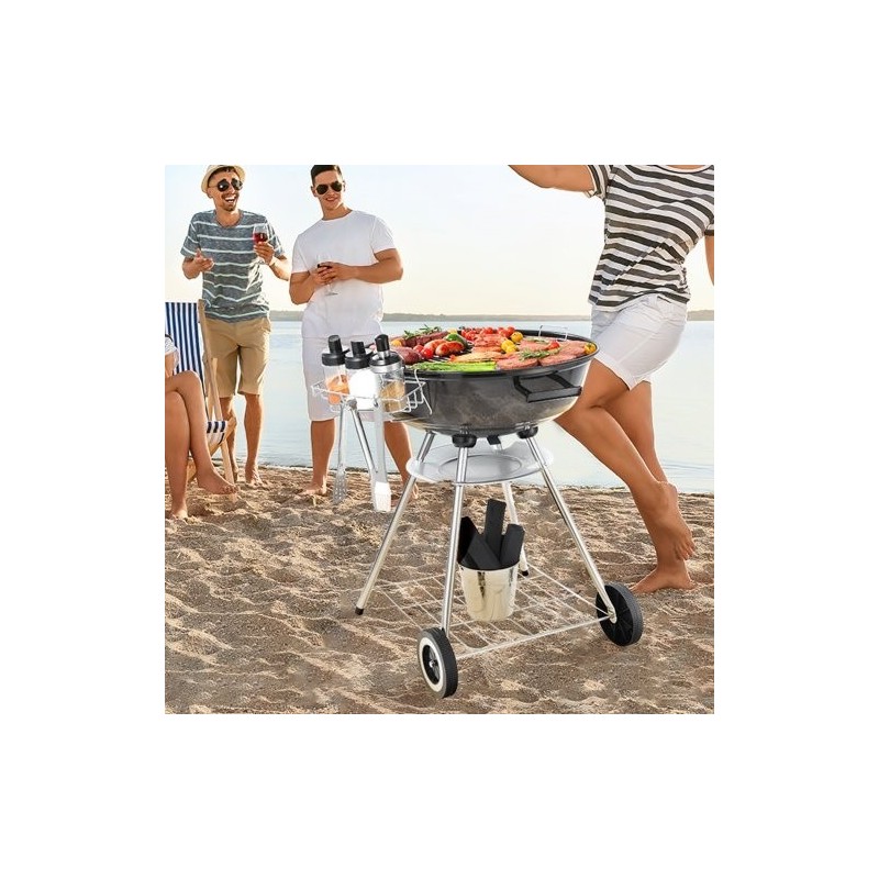 Pallohiiligrilli posliiniemaloitu teräsrunko 22 tuumaa kannettava lämpömittarilla ulkokäyttöön