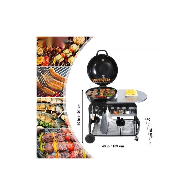 Hiili- ja propaanikaasugrilli 21-tuumainen posliiniemaloitu rautarunko kansi ja kärry ulkokäyttöön