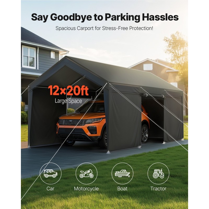 Ulkokatos galvanoitu teräsrunko 3,65x6,09 m PE-kangas harmaa irrotettavat sivuseinät