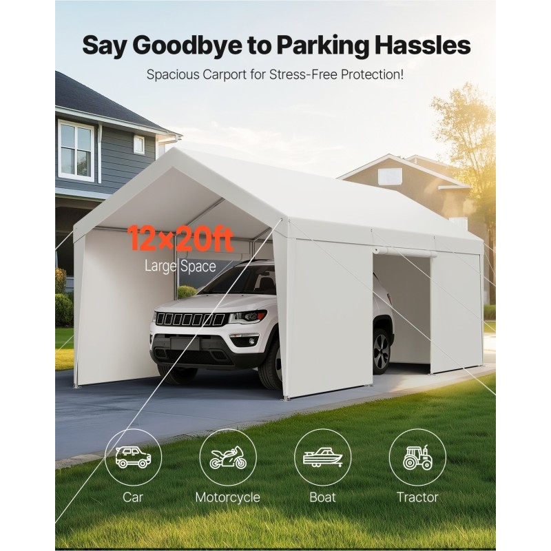 Autokatos galvanoitu teräsrunko PE-kangas 3,65x6,09m valkoinen irrotettavat sivuseinät ja ovi