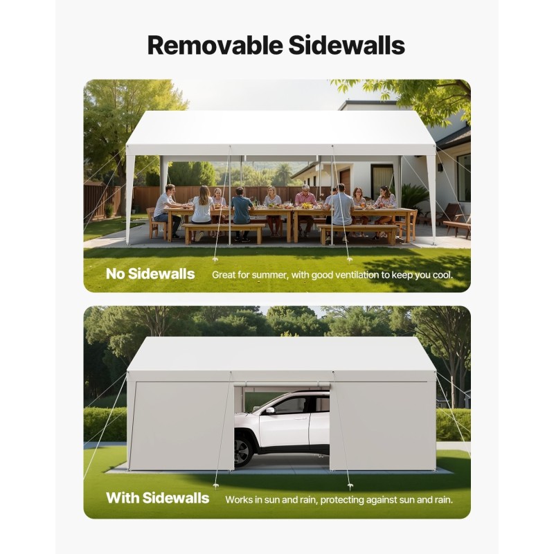 Autokatos galvanoitu teräsrunko PE-kangas 3,65x6,09m valkoinen irrotettavat sivuseinät ja ovi