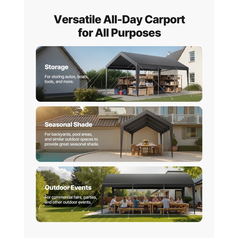 Autokatos 3,05 x 6,09 m galvanoitu teräsrunko PE-kate harmaa säänkestävä