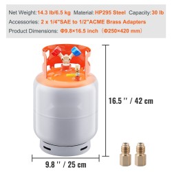 Kylmäaineen talteenottosäiliö 13,6 kg nesteluokitettu 400 PSI messinkinen Y-venttiili esitäytetty typellä