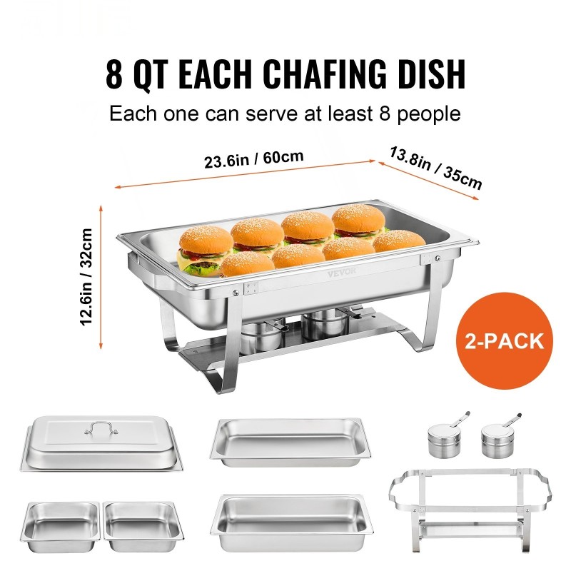 Suorakulmainen chafing-astiasetti 2 kpl 2 täysikokoista 4 puolikokoista elintarvikekelpoinen 201-ruostumaton teräs