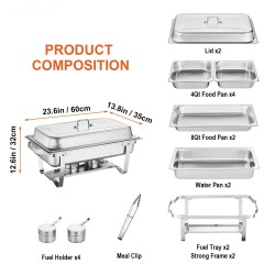 Suorakulmainen chafing-astiasetti 2 kpl 2 täysikokoista 4 puolikokoista elintarvikekelpoinen 201-ruostumaton teräs