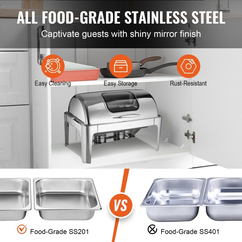 Liukukannellinen tarjoiluvati elintarvikelaatuinen 201-ruostumaton teräs 8,5 l pannulla lasikansi polttoainepidin