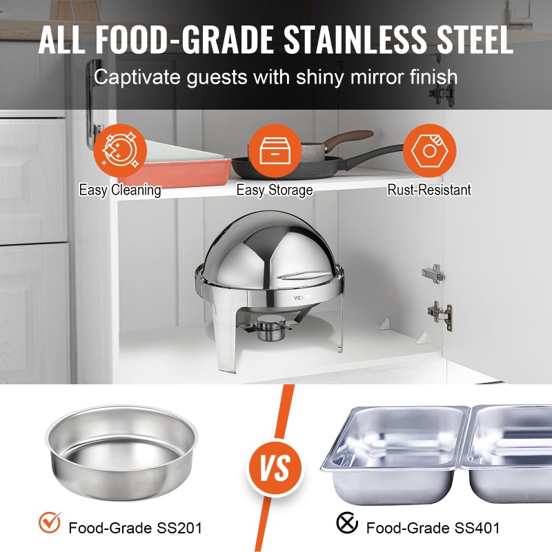 Chafing-astiat pyöreät pyörivällä kannella 2 kappaletta elintarvikekelpoinen 201-ruostumaton teräs 5,5 L