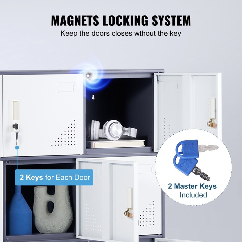 Metallinen 9-ovinen kylmävalssattu teräs säilytyskaappi harmaa lukittavat ovet avaimilla toimisto koti koulu