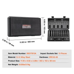 Iskuhylsysarja 1/2 tuuman CR-V-seosteräs 13-osainen syvät hylsyt 10–24 mm