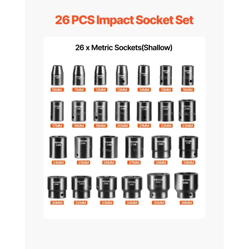 Iskuhylsysarja kromi-vanadiiniteräs 1/2 tuuman 26 osaa 10–36 mm matala 6-kulmainen säilytyslaukulla