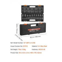 Iskuhylsysarja kromi-vanadiiniteräs 1/2 tuuman 26 osaa 10–36 mm matala 6-kulmainen säilytyslaukulla