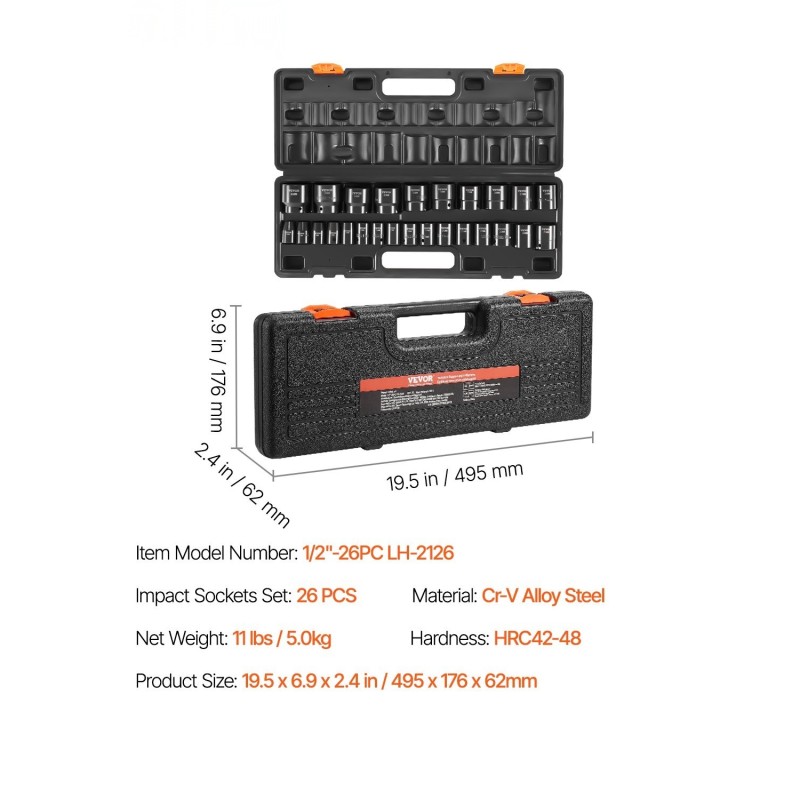 Iskuhylsysarja kromi-vanadiiniteräs 1/2 tuuman 26 osaa 10–36 mm matala 6-kulmainen säilytyslaukulla