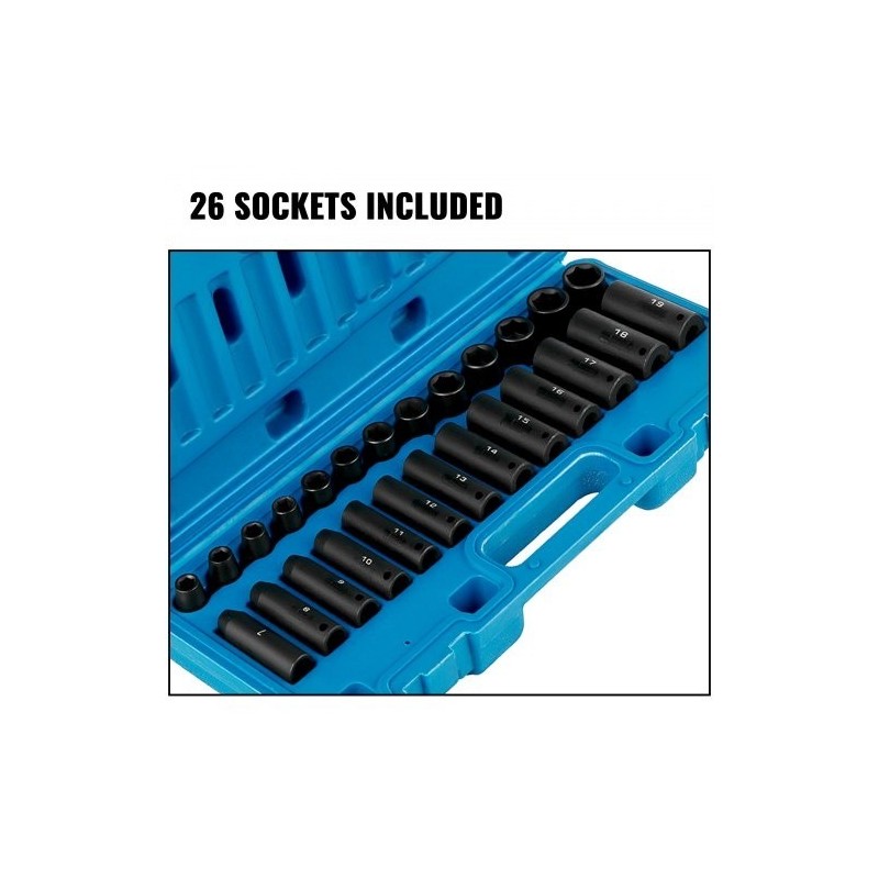 Iskuväänninhylsysarja kromivanadiiniteräs 3/8 tuuman vetoinen 26 osainen 7–19 mm