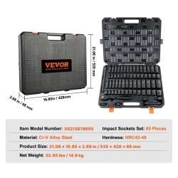 Iskuhylsysarja 65 osaa 1/2 tuuman vetoon Cr-V-seosteräs SAE 3/8–1-1/4 10–24 mm