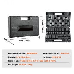 Iskuhylsysarja 3/8 tuuman 48-osainen Cr-V-seosteräs tuumakoot 5/16–3/4 ja metrikoot 8–22 mm kotelo