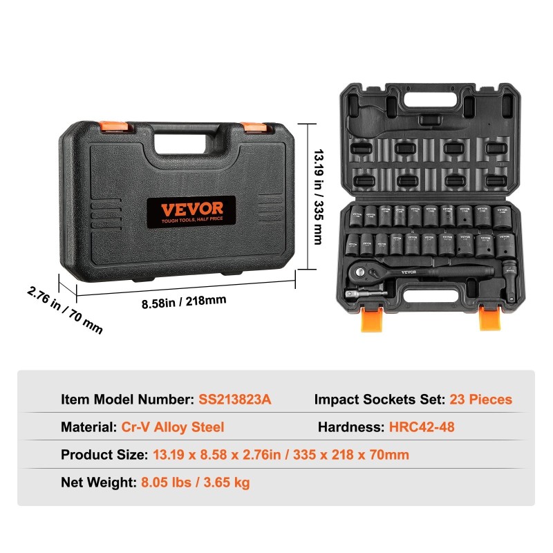 Iskevä hylsysarja 1/2 tuuman 23-osainen Cr-V-seosteräs 6-kulmainen säilytyskotelolla autohuoltoon