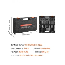 Iskihylsysarja kromivanadiiniteräs syvät 6-kulmaiset 1/2 tuuman vetoneliö 26 hylsyä 10–36 mm