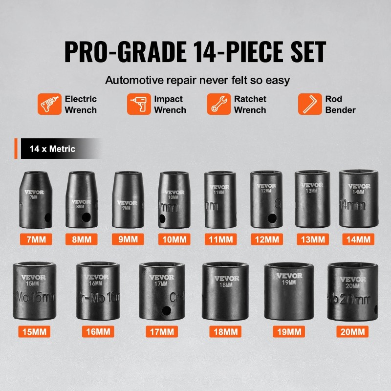 Iskuhylsysarja 3/8-vetoinen 14 osaa 7–20 mm 6-kulmainen Cr-Mo-seosteräs