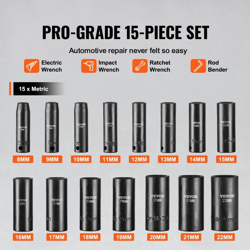 Iskihylsysarja 3/8-tuumainen CR-MO-seosteräs 15-osainen 8–22 mm autohuoltoon säilytyslaatikolla